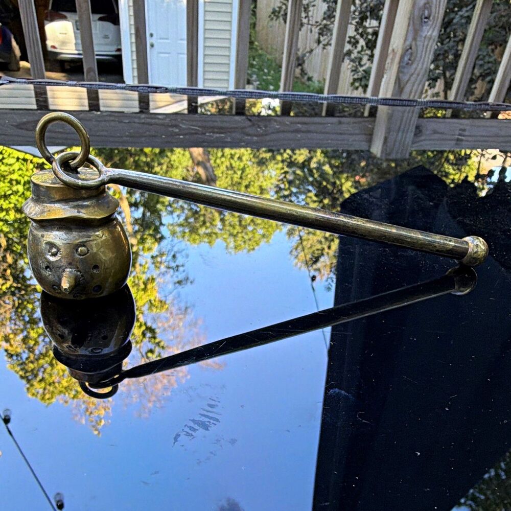 Small Brass Snowman Head Candle Snuffer Long Rod Handle Hanging, Antique Finish